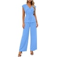 thumbnail image 2 of LEKWK Two Piece Sets for Women V Neck Sleeveless Tie Waist Tops and Wide Leg Pants Summer Fashion Office Work Dressy Business Casual Outfits, 2 of 7