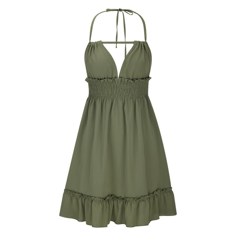 Summer Saving Wycnly Dresses for Women Cocktail Party Prom Empire Waist Ruffle Swing Spaghetti Strap Dress V-Neck Sleeveless Solid Summer Mini Formal