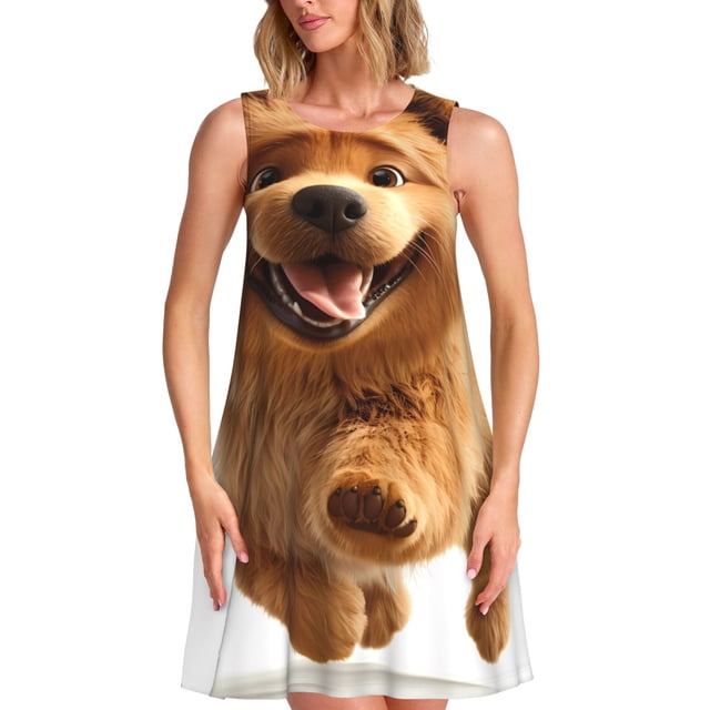 Lukts Happy Fluffy Robe Sans Manches pour Femmes, Robe d'Été à Col Rond avec Poches, Adaptée à la Vie Quotidienne, Plage, Fête