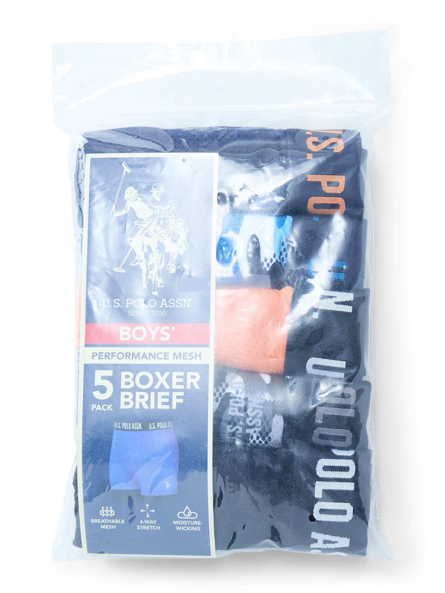 U.S. Polo Assn. Boys Performance Mesh Tagless Boxer Briefs, 5-Pack, Sizes S-XXL