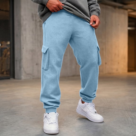 Men's Casual Cargo Sweatpants Fleece Lined Drawstring Elastic Waist pants Lightweight Workout Joggers Athletic Pants with Multi Pockets Light Blue XXL