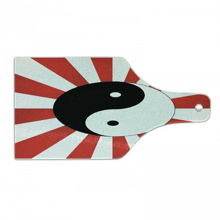 

Ying Yang Cutting Board Traditional Themed Ying Yang on Chinese Rising Sun Burst Pattern Print Decorative Tempered Glass Cutting and Serving Board Wine Bottle Shape Black White Red by Ambesonne