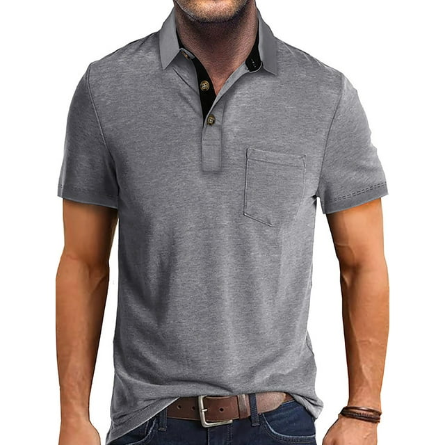Tenmix Mens Short Sleeve T Shirts Classic Fit Polo Shirt Lapel Neck Work Summer Tops Button Blouse Light Gray M