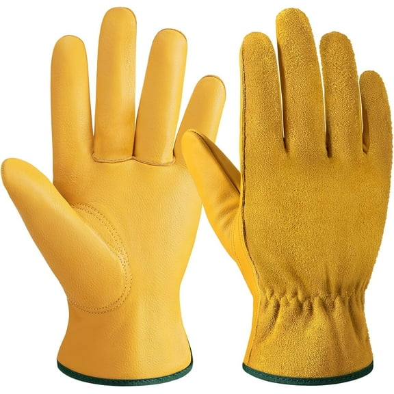 Leather Work Gloves for Men and Women, Reinforced Cowhide Gardening Gloves, Protective Garden Gloves for Welding, Construction, Wood Cutting, Large,1 Pair Yellow Large