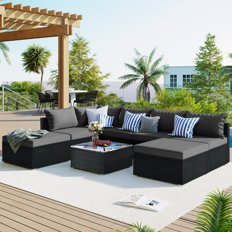 8 Pieces Patio Furniture Set Outdoor Sectional Sofa Set Black PE Rattan Wicker Conversation Set with Coffee Table for Deck Backyard Lawn Gray Walmart