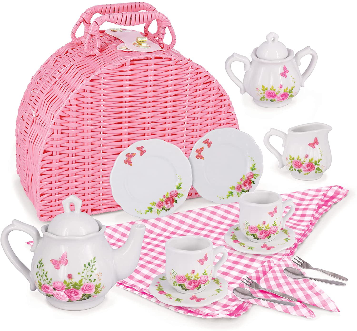 My Darling Floral Hot Pink 10 x 8 Tin Metal Toy 14 Piece Tea Set in Basket 