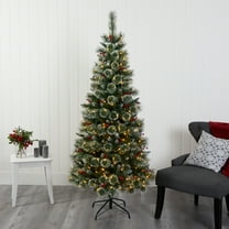 Nearly Natural 6' Green Flocked Artificial Christmas Tree with Berries Prelit 300 Clear LED Lights