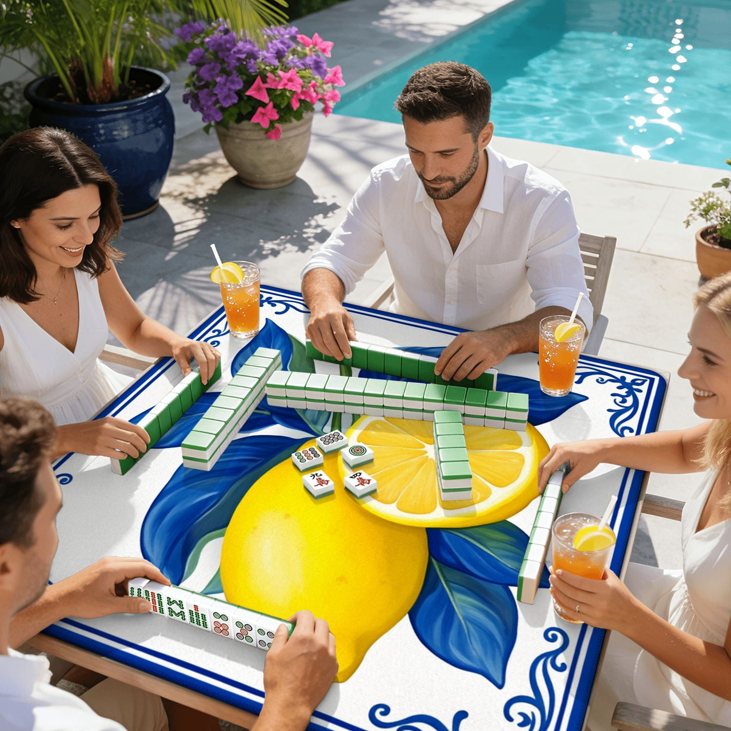 Mahjong Mat 31.5" x 31.5" Yellow Lemons Blue Leaves Decorative Frame Non-Slip Noise Reduction American Mahjong Tiles Table Cover for Dominoes Poker Card Board Games Gift