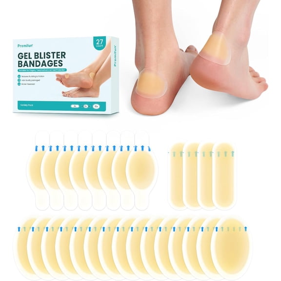 Promifun Hydrocolloid Gel Blister Bandages Blister Cushions Water Resistant Prevention Recovery Heel Foot 27 Count,Variety Pack