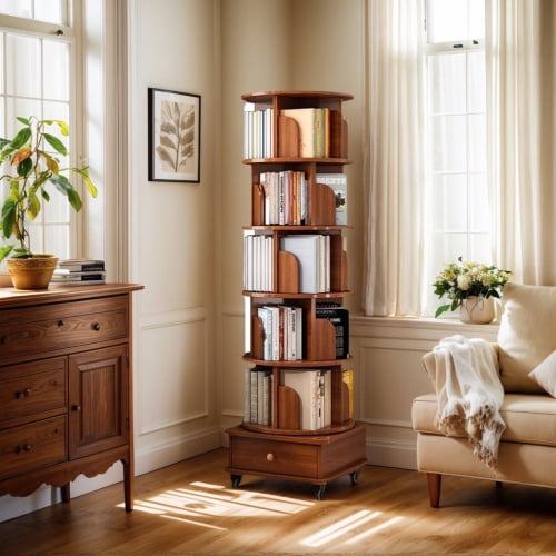 6 Tier Rotating Bookshelf, 360° Display Spinning Bookshelf Tower with Wheels and Drawer, Wood Tall Bookshelf Bedroom, Living Room, Study Room