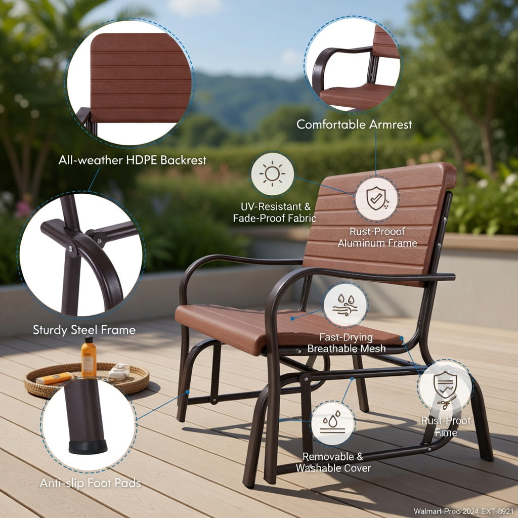 Hommoo 2-Person Outdoor Porch Glider Chair, Heavy-Duty Steel Frame with Weather-Resistant HDPE Seat & Back, Brown
