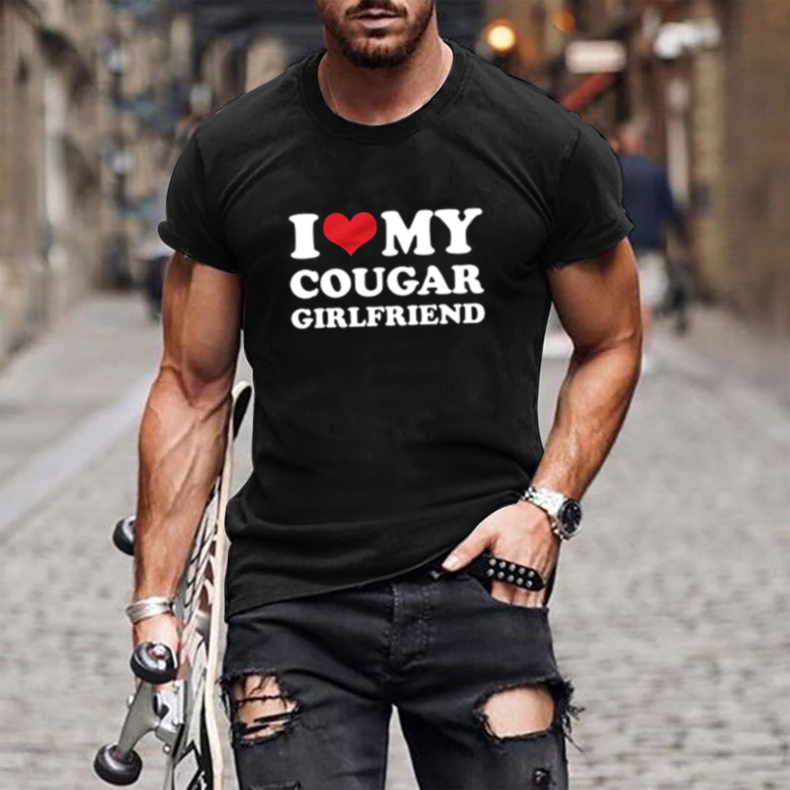 Timifis Black Men Valentine s Day Tops I Love My Cougars Girlfriend Shirt Letter Heart Print Pullover Crew Neck Vacation Dating T Shirts Spring Summ