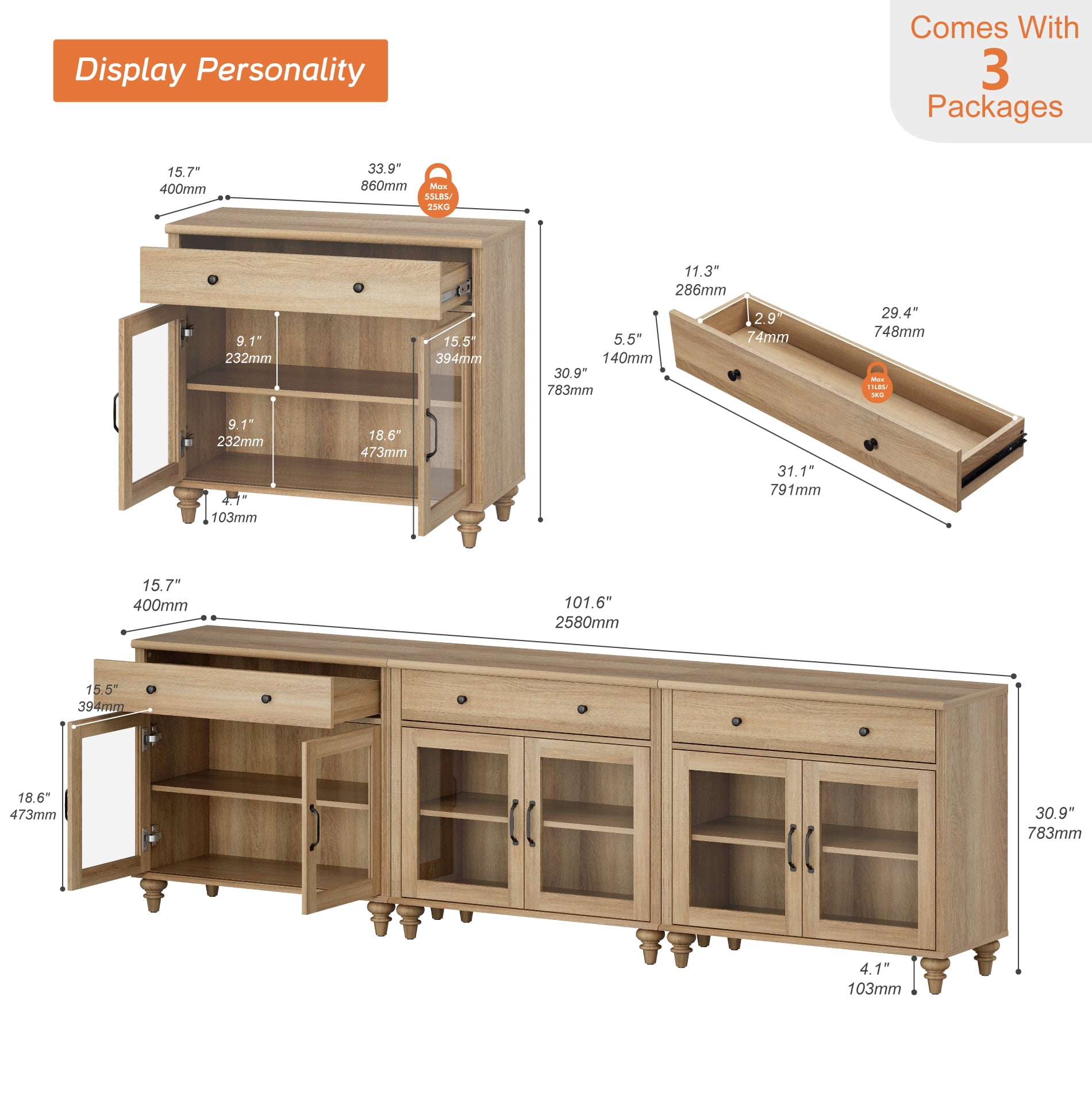 101" Oak Glass Door Buffet Cabinet with Drawer, Farmhouse Sideboard with Storage