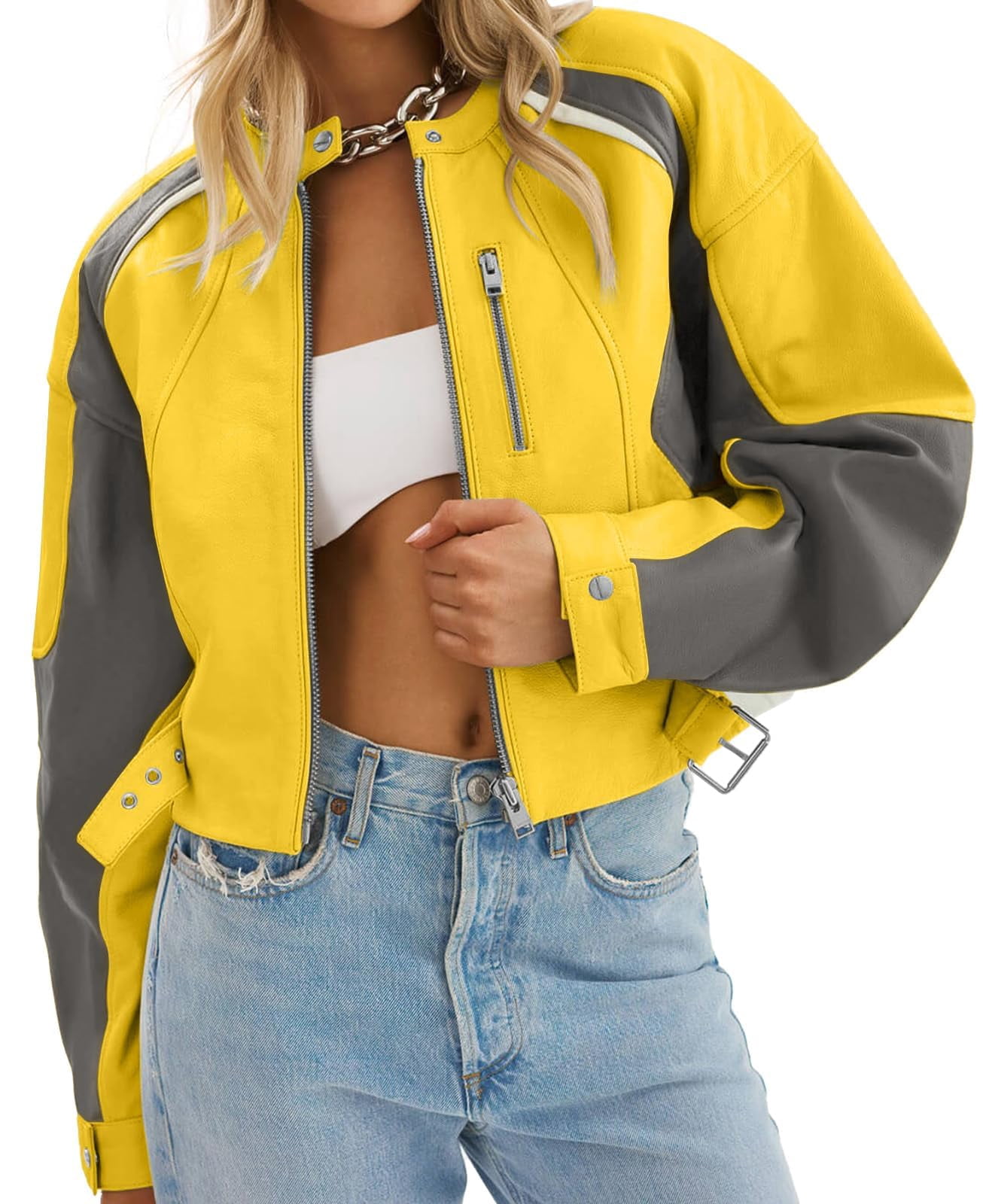 Womens Faux Leather Bomber Jackets Cropped Zip Up Color Block Fall Casual Moto Biker Coats