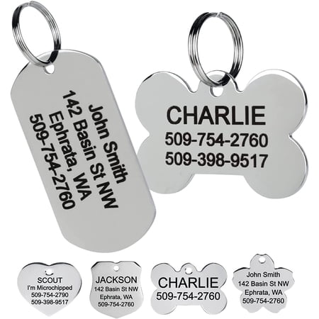 GoTags Stainless Steel Pet ID Tags, Personalized Dog Tags and Cat Tags, up to 8 Lines of Custom Text, Engraved on Both Sides, in Bone, Round, Heart, Bow Tie and More