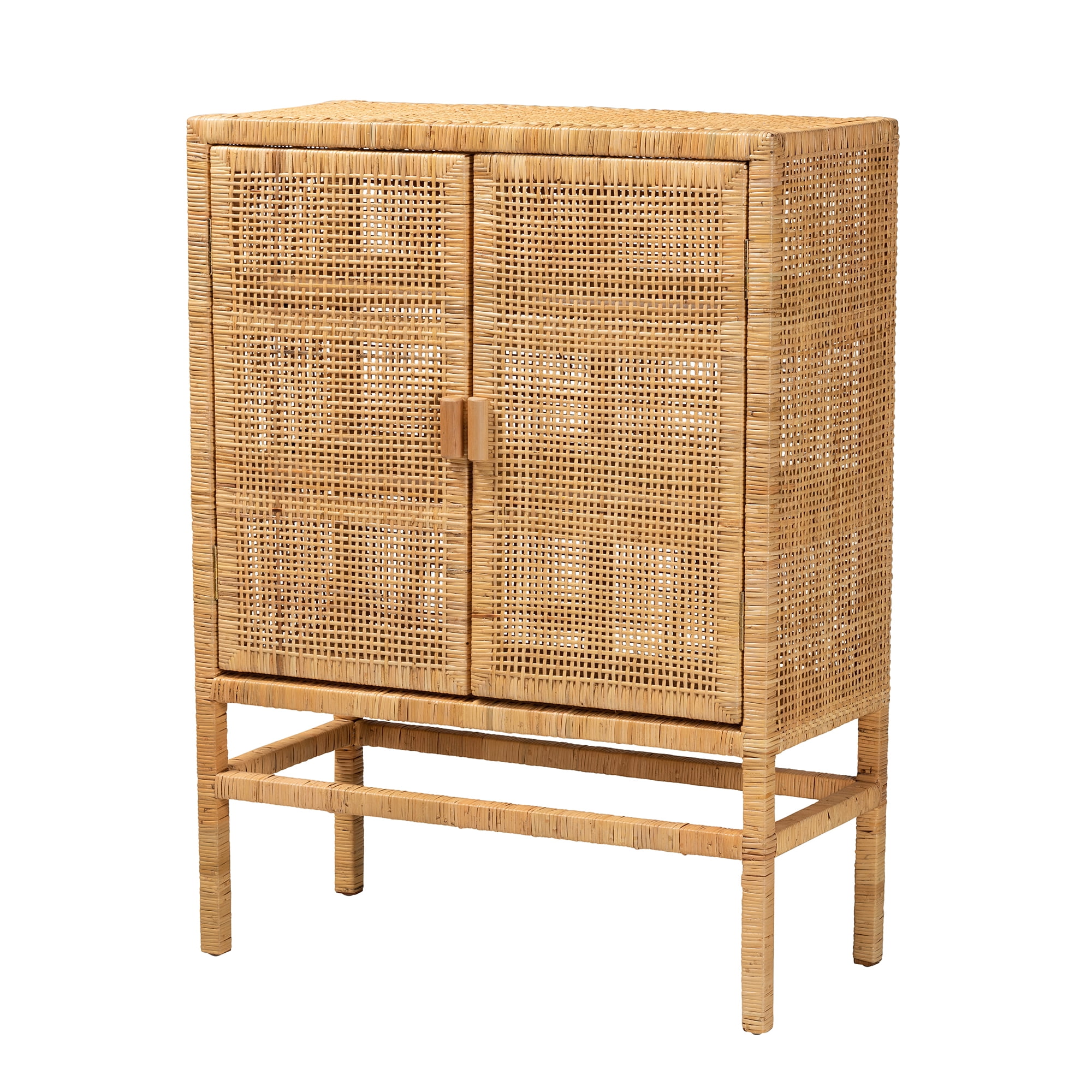 bali & pari Vivan Rattan and Mahogany wood BOHO Storage Cabinet, 3-Shelf, Natural Brown