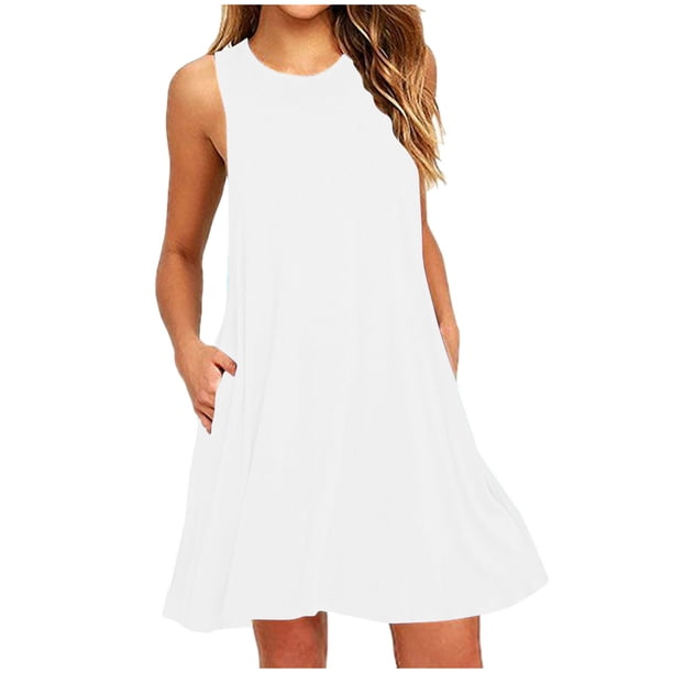 Vestido de Verano de Manga Corta para las Mujeres Mini Cuello Redondo Sólido, Moda Casual Poliéster de Fiesta