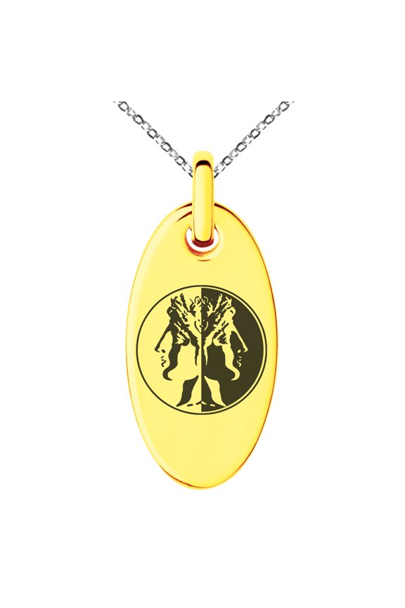 Stainless Steel Janus Greek God of Beginnings Engraved Small Oval Charm Pendant Necklace