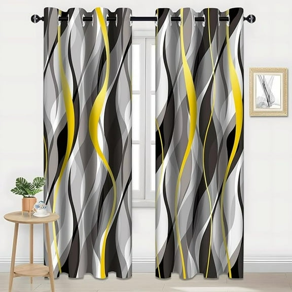 Black Gray Striped Blackout Curtain, Yellow White Abstract Ombre Window Curtains Darkening Thermal Insulated Window Drapes For Living Room Bedroom Decor 42"W x 63"L (Pack of 2)