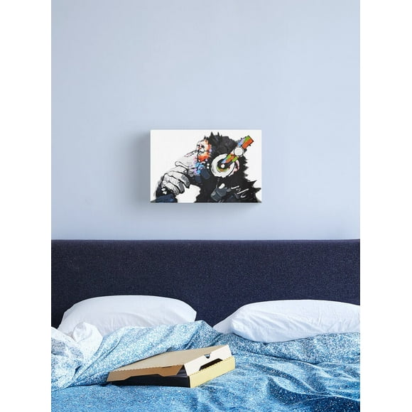 Aaroca Banksy DJ Monkey Thinker with Headphones White Canvas Print Canvas Posters