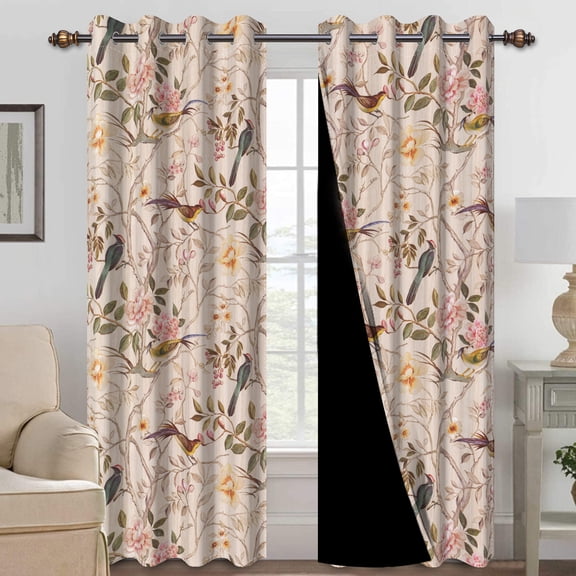 Mizhona Pink Blackout Curtains for Bedroom,Chinese Theme Birds Printed Room Darkening Curtains Set of 2,42"x84"