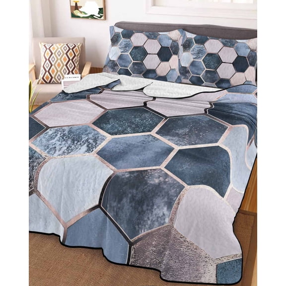 Navy Blue Grey King Size Down Alternative Comforter, Lightweight Comforter Quilt Bedding Set with Pillow Shams Modern Abstract Art Geometric All Seasons Bed Comforter Duvet Insert 96"x106"