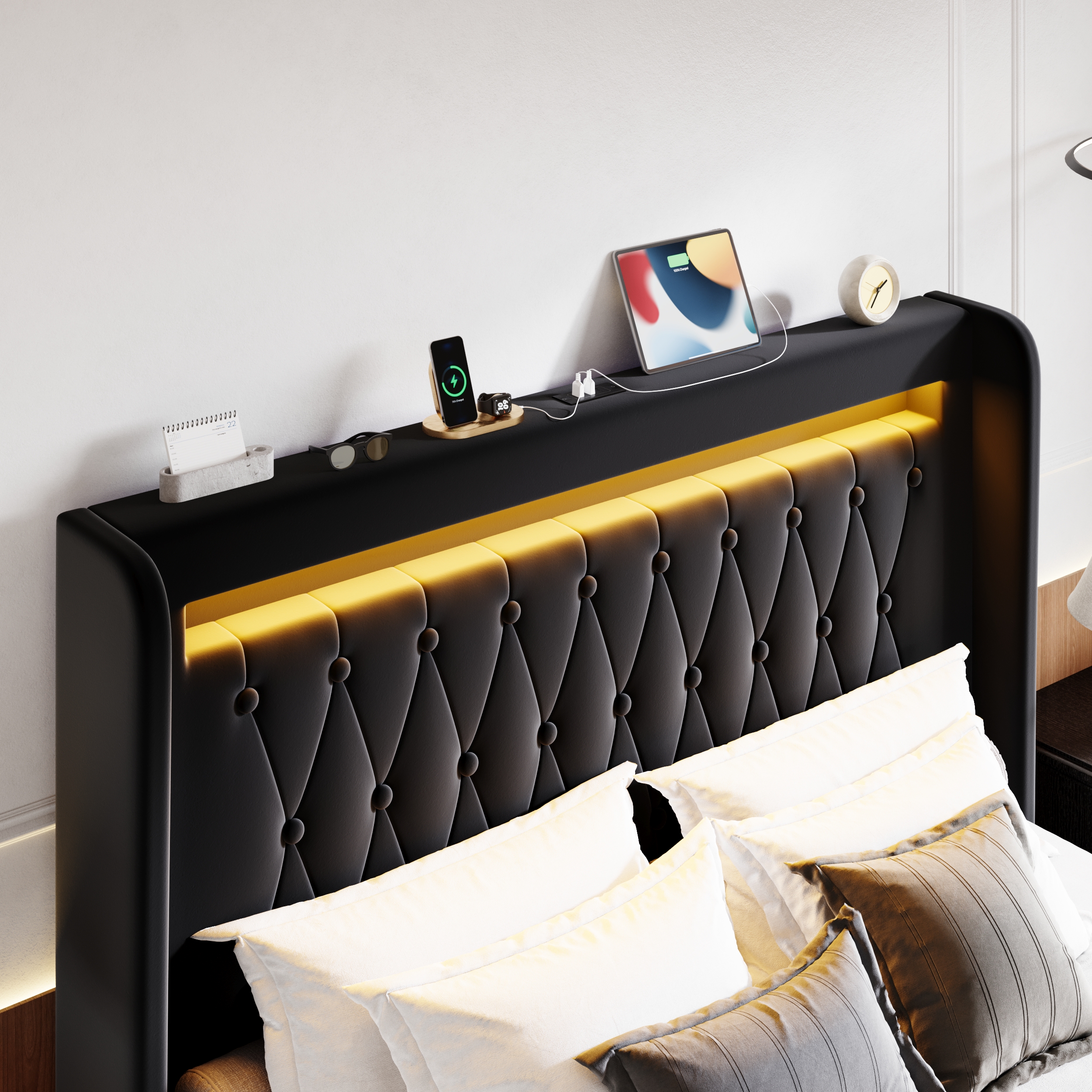 Amolife Queen Size LED Bed Frame, Upholstered Velvet Platfrom Bed with Charging Station, High Wingback Headboard & 2 Lights, No Box Spring Needed, 900 LBS Capacity, Black