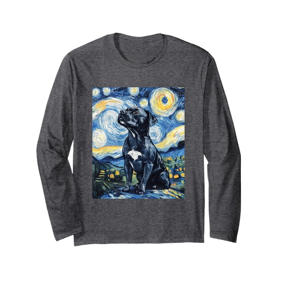 Stylish Pitbull Dog Art Long Sleeve Shirt Featuring Van Gogh Starry Night Design