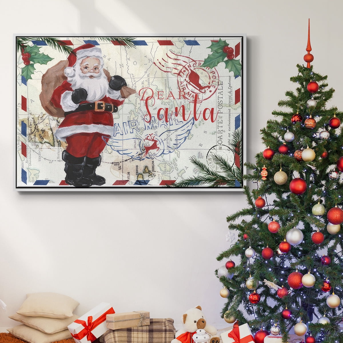 Christmas Par Avion Collection A - Framed Gallery Wrapped Holiday Canvas - 17 x 25 - White Frame