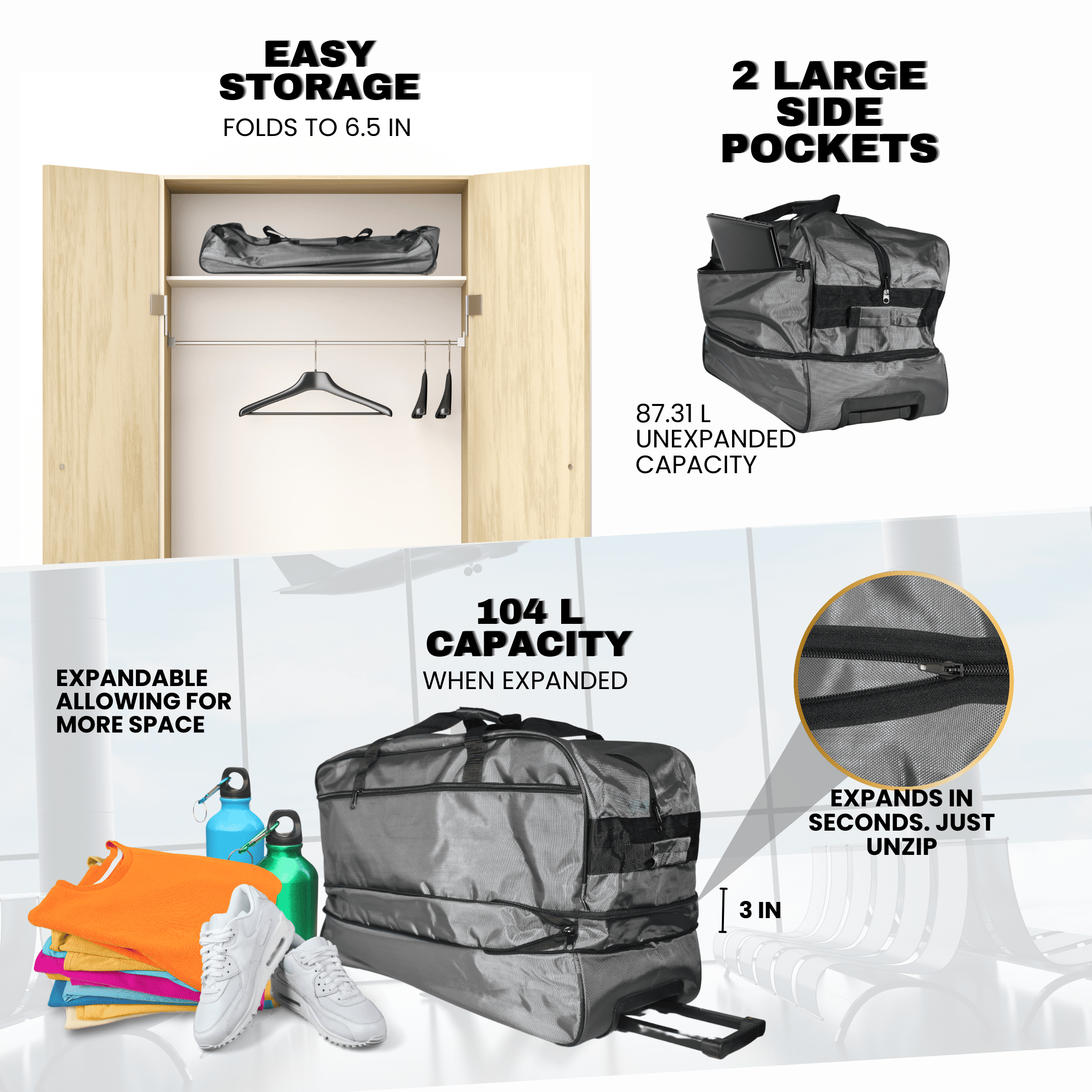 Duffle Bag 140 L Capacity, Wheeled, 3 Carry Handles, Expandable, Foldable, Pockets for Travel Overnighter Weekender Moving