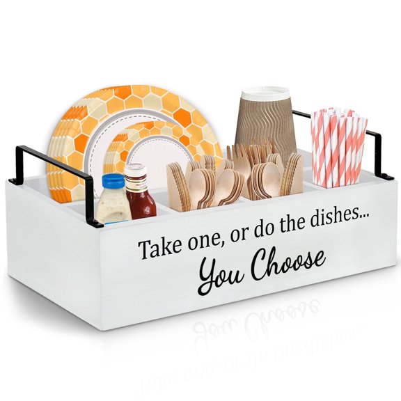 Wood Paper Plate Dispenser, Rustic Silverware Utensil Caddy, 6-Compartment Kitchen Utensil Organizer