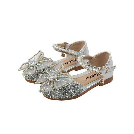 

Lacyhop Girls Mary Jane Sandals Comfort Flats Magic Tape Princess Shoe Party Slip Resistant Dance Shoes Lightweight Ankle Strap Silver 1Y
