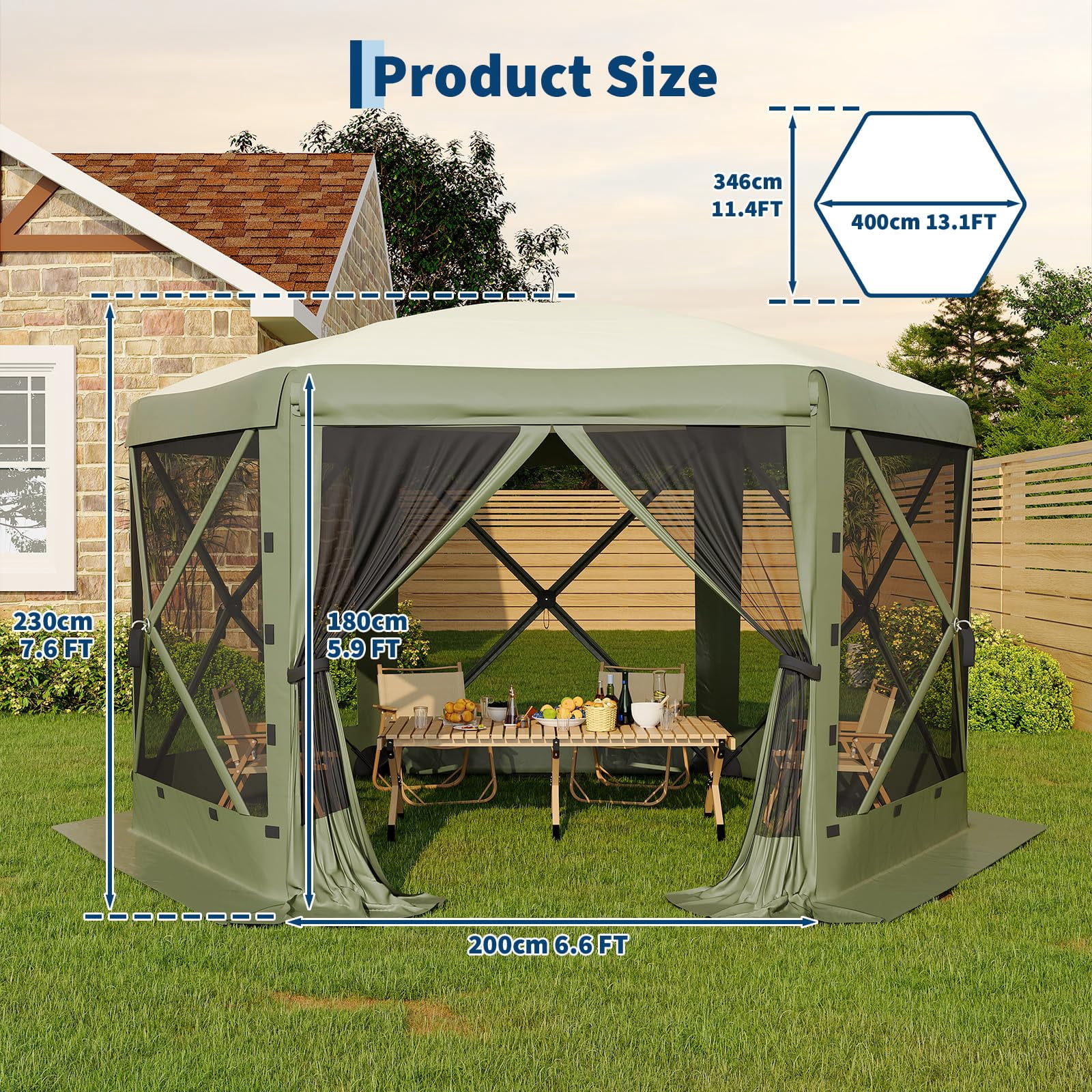 13x13FT 6-Sided Pop Up Canopy Tent，One-Push Setup Canopy Tent with Removable Canopy Top & Wind Cloths, Outdoor shelter for Camping, Backyard Parties, Outdoor Events - Green