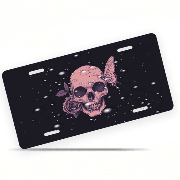 1 Pcs Durable License Plate Covers & Frames, Skull with Rose For Decorative Front, Waterproof For Decoration Aluminum License Plate Covers & Frames Cover For Men Women, 12" X 6"