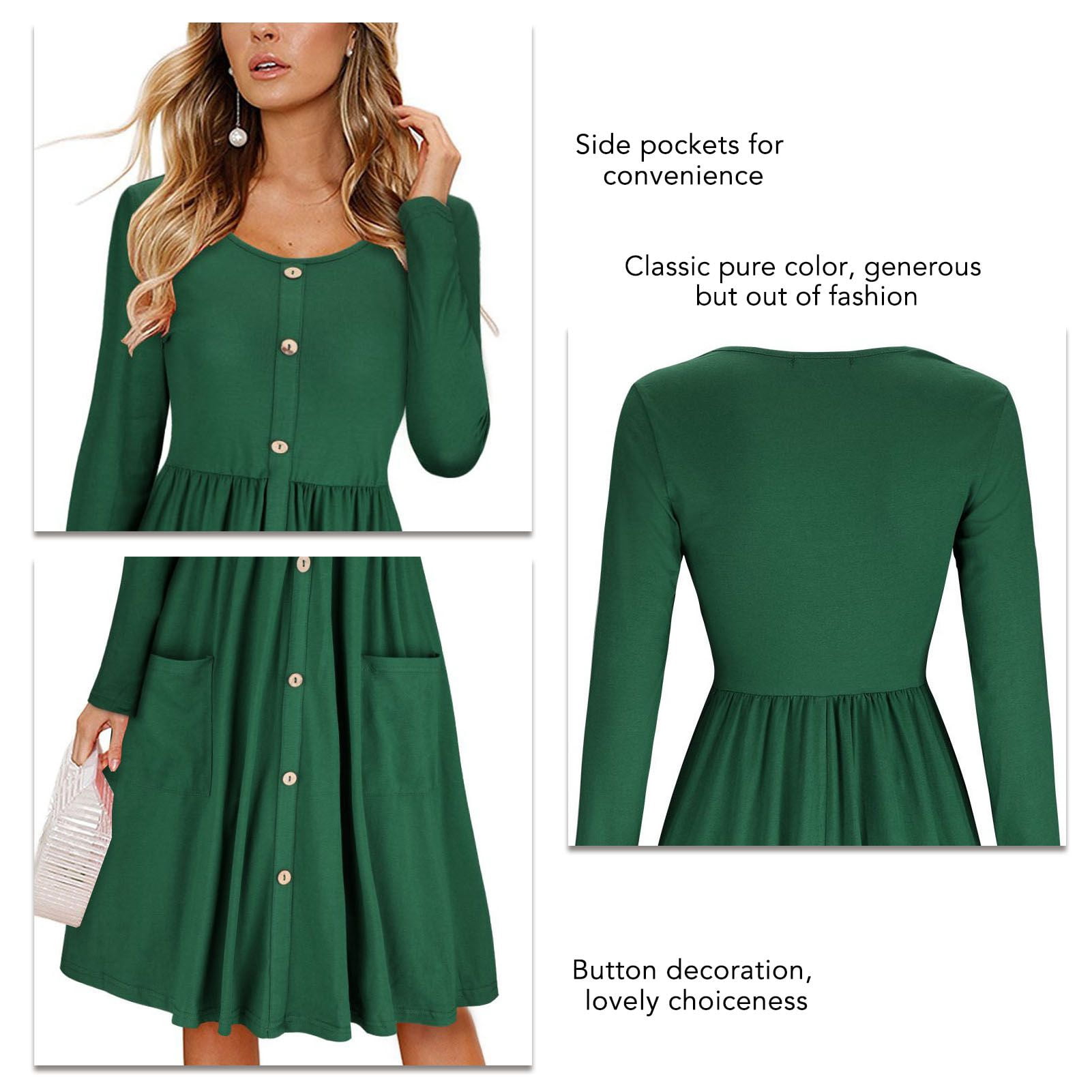 Women's Casual Long Sleeve Loose Swing Round Neck Button Down T Shirt Dress  With Pockets Midi Skater Dress High Waist A Line Loose Slimming Dress, Pure  Color Pocket Dress For Women -