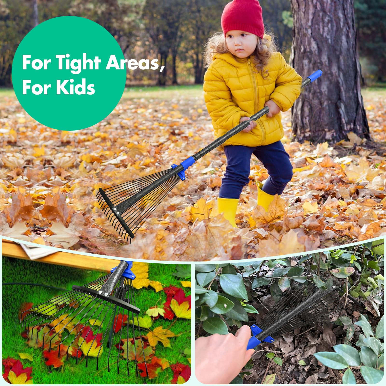 Garden Leaf Rake, head extends from 9.5''-17'', collapsible lawn rake with 58-inch adjustable splice handle, heavy-duty metal rake for lawns, flower beds