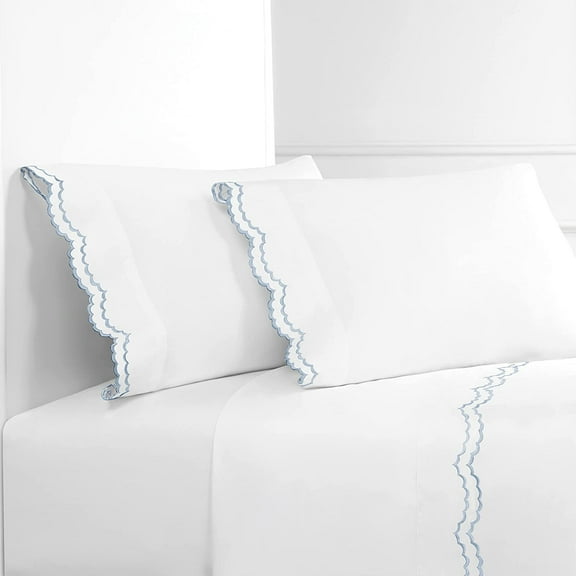 M lange Home Double Scalloped Percale Weave Embroidered Queen Size White Sheet Set 300 Thread Count 100% Cotton - Cool Crisp Luxury Hotel Bedsheet Oeko Tex Deep Pocket Blue Piping on Edges (244348)