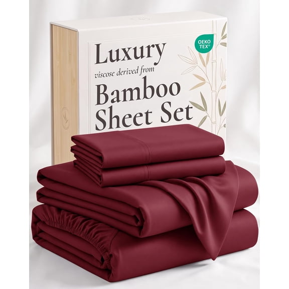 4 Piece Queen Bed Sheet Set 100% Viscose from Bamboo Burgundy