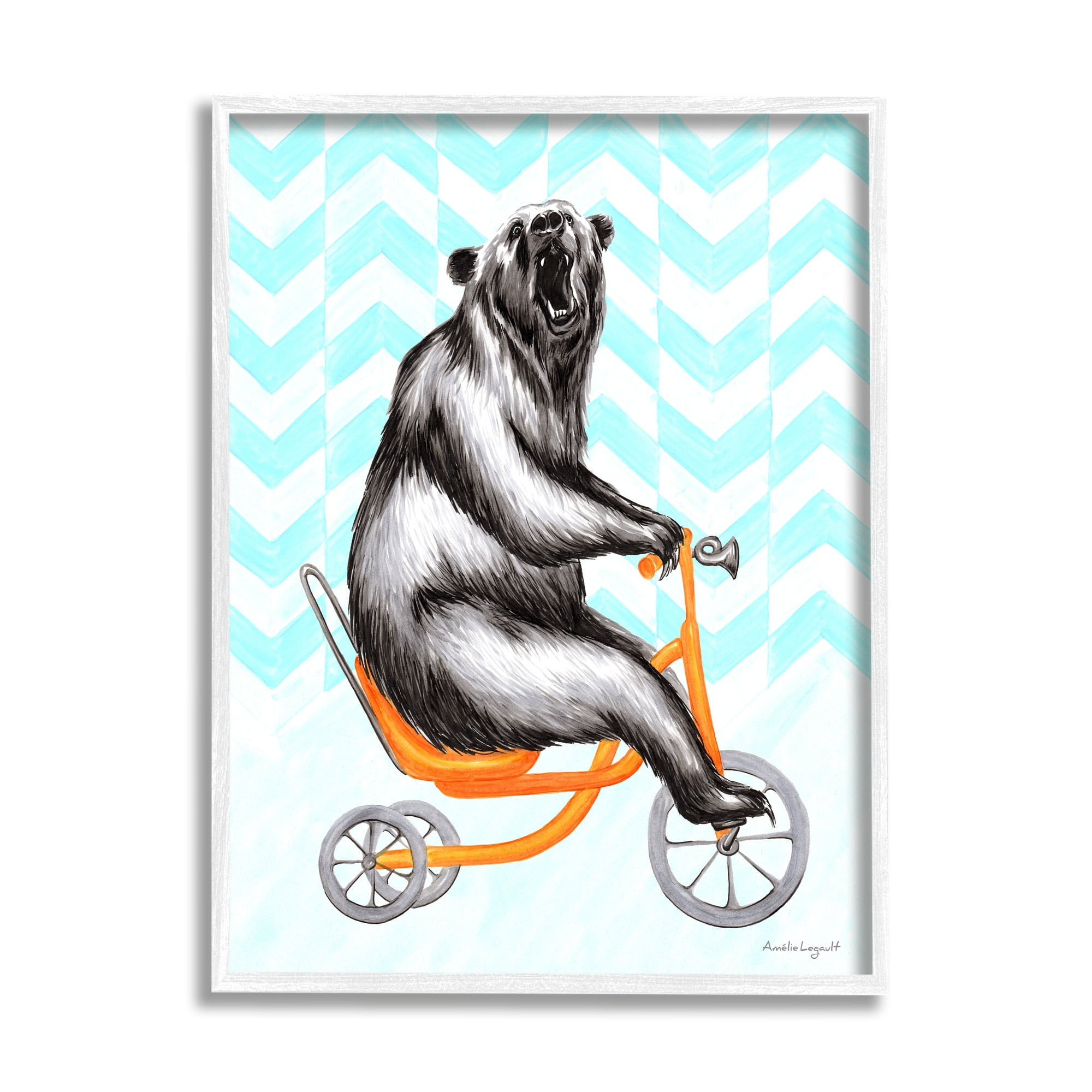 Stupell Industries Roaring Bear Riding Tricycle Whimsical Chevron Pattern Graphic Art White Framed Art Print Wall Art, Design by Amelie Legault