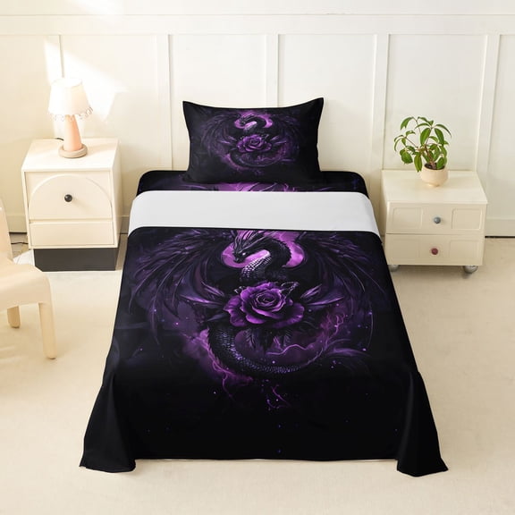 Feelyou Mystic Thunder Dragon Twin Sheet Sets for Men Boys, Magic Rose Animal Bedding, Dark Violet, 3 Pieces
