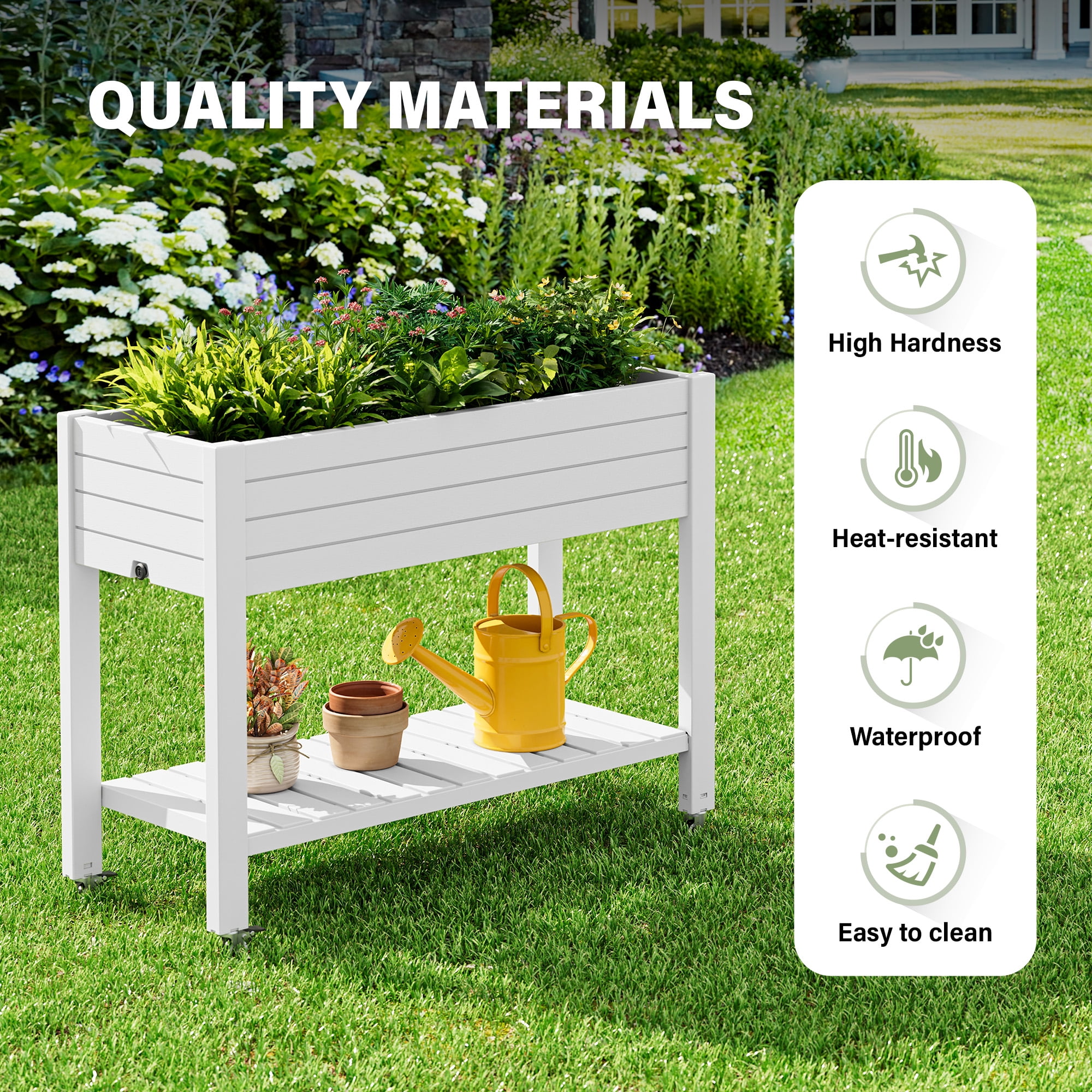 Bifanuo Raised Garden Bed with Wheels - Outdoor Elevated Planter with Weatherproof Resin, Effective Drainage for Backyard, Patio and Balcony, White