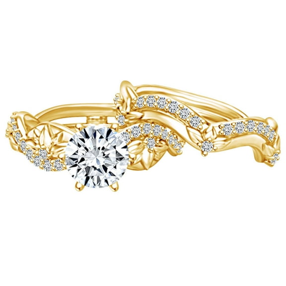 AFFY 1.25 Carat Round Moissanite & Natural Diamond Floral Engagement Ring & Band 14K Solid Yellow Gold Ring Size-5