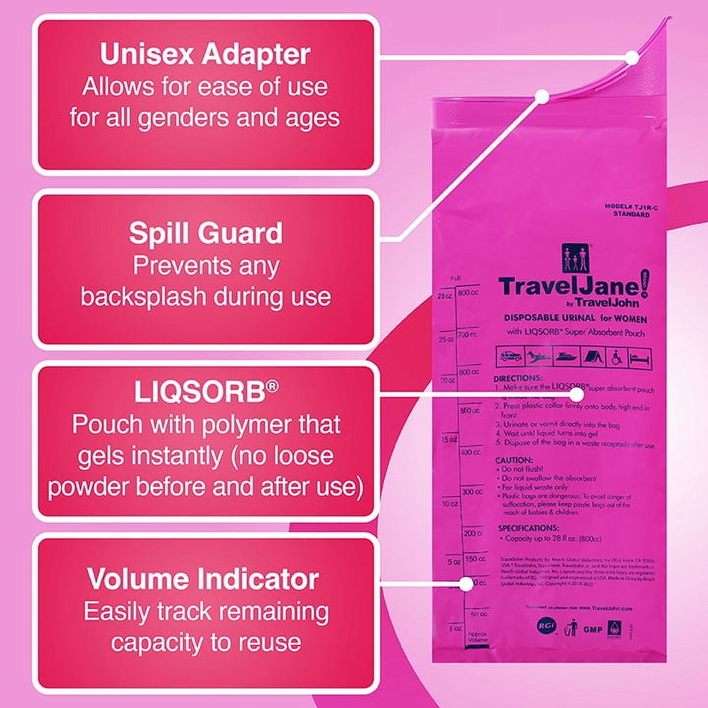 TravelJane Disposable Urinal for All Genders, Adults, and Children (6 Pack) Designed for Emergencies, Travel, Camping, Long Car Rides and more - 28oz/800ml capacity (TJ1R-C)