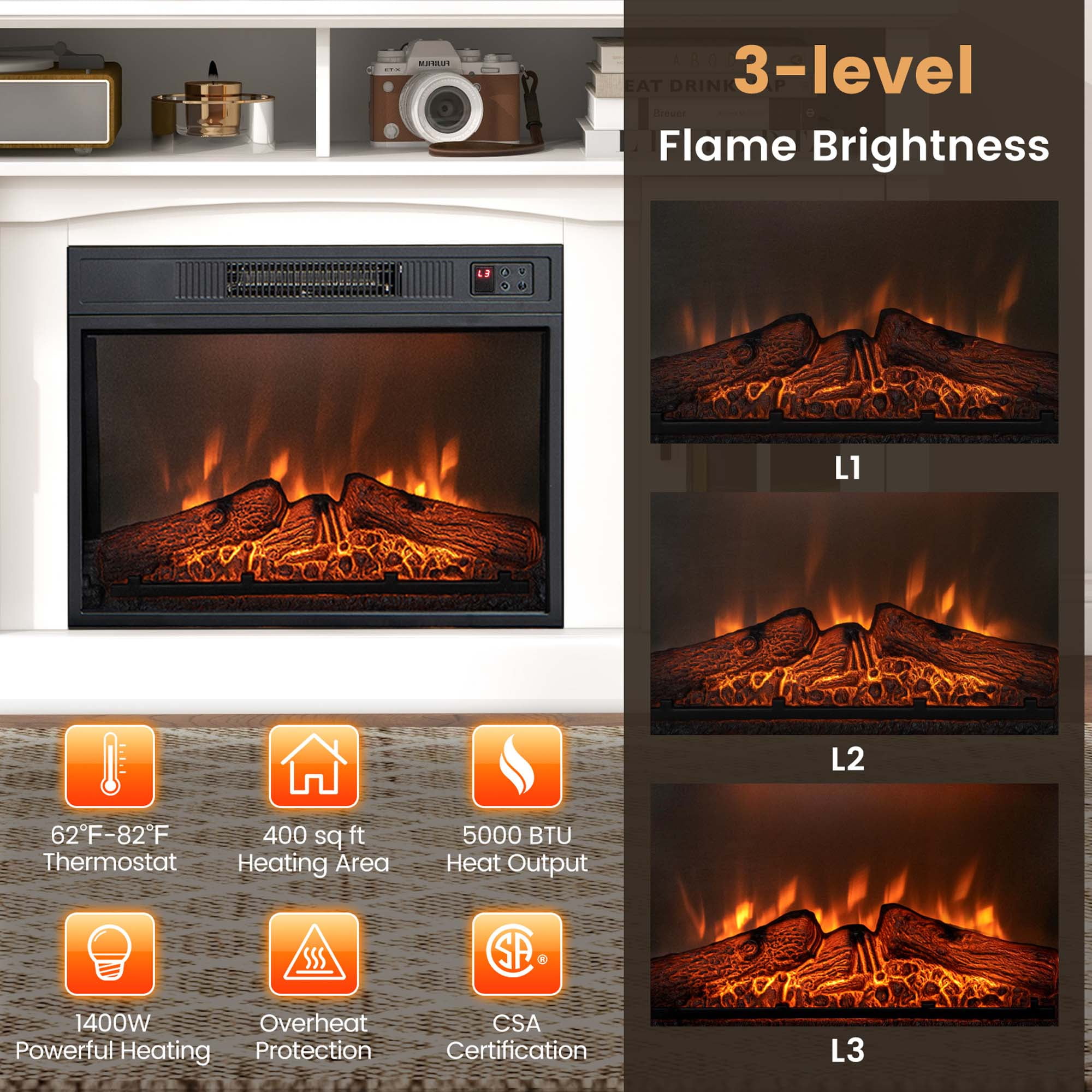 Costway 58" Fireplace TV Stand with 1400W Electric Fireplace for TVs up to 65 Inches White
