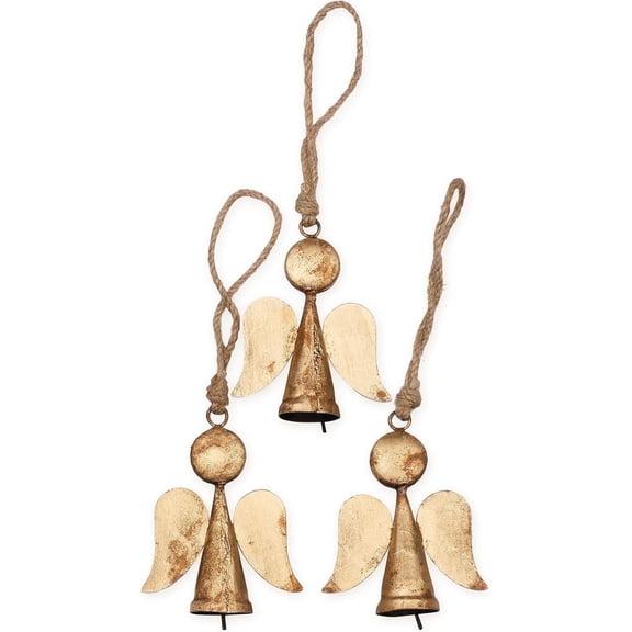 Vivanta Angel Christmas Ornaments Rustic Gold Guardian Angel Hanging Figurines with Bells 3 Pcs 4.5 inch