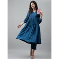 thumbnail image 3 of Janasya Blue Crepe V-neck 3/4th Flared Sleeves Solid Angrakha Kurta, 3 of 8