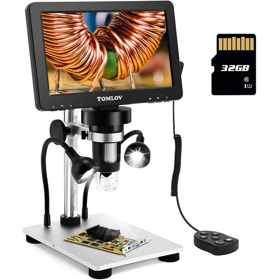 TOMLOV DM9 7" LCD Digital Microscope 1200X, 1080P Video Coin Microscope with Metal Stand, 12MP Ultra-Precise Focusing, LED Fill Lights, PC View, Windows/Mac OS Compatible, 32GB SD Card, DM9