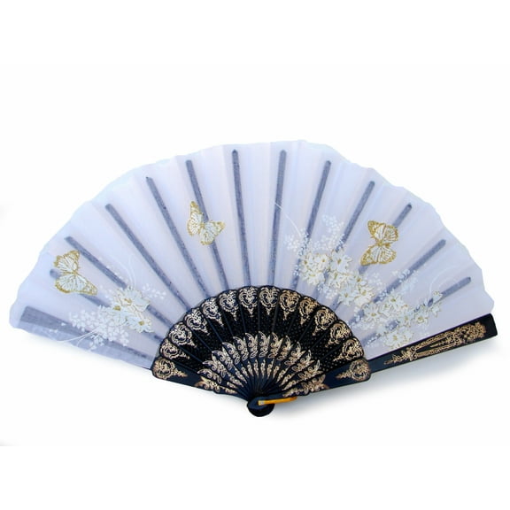 Black Slab Folding Hand Fan with Picture of Flowers and Butterflies-white