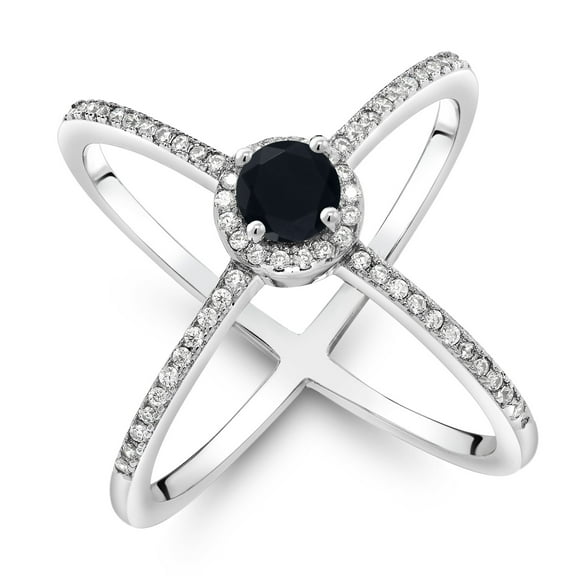 Gem Stone King 1.29 Cttw Black Onyx Criss Cross X Ring for Women | 925 Sterling Silver | Round 5MM | Gemstone Birthstone | Wedding Engagement Anniversary Promise Ring for Women | Size 6