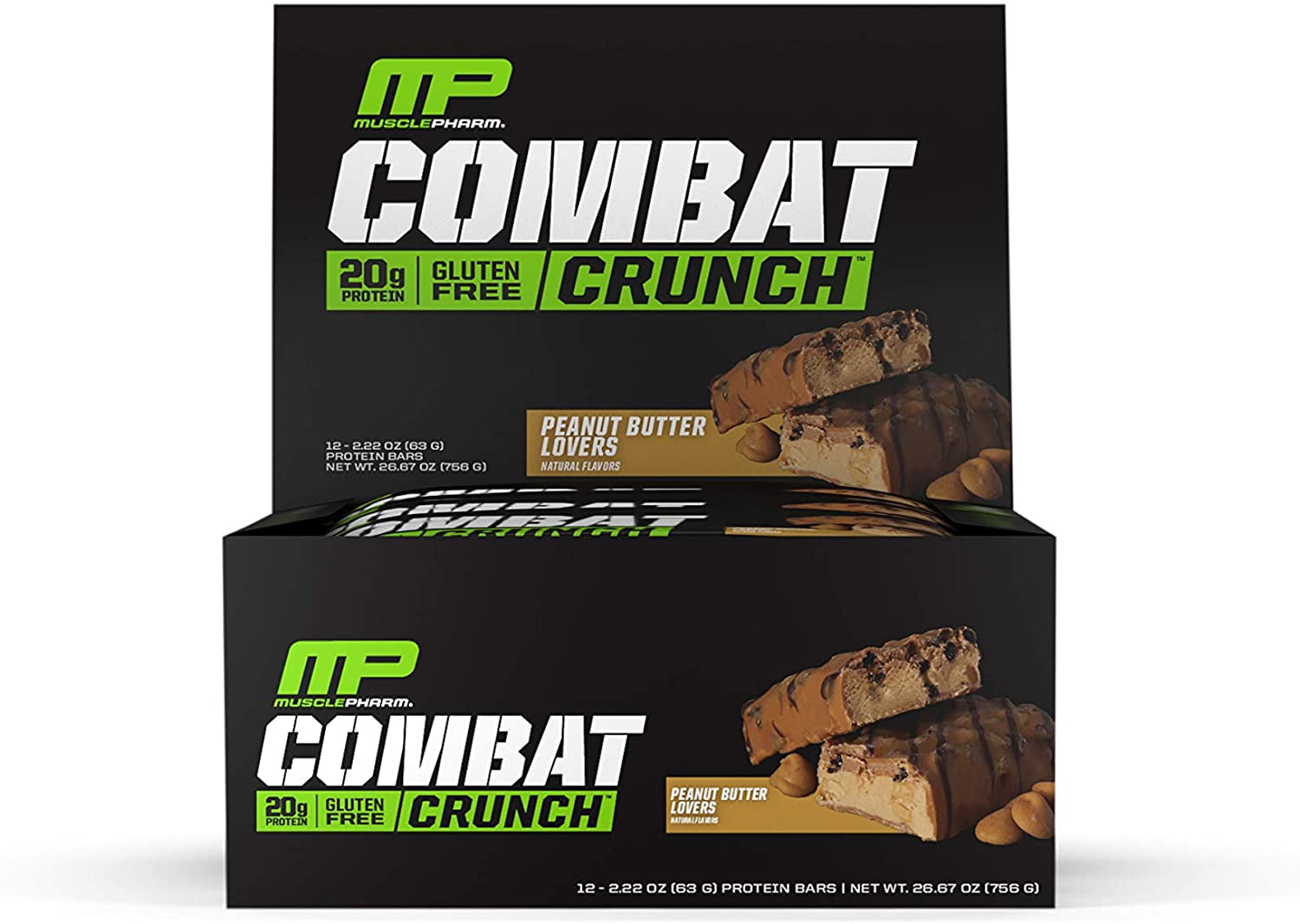 MusclePharm Combat Crunch Protein Bar, Multi-Layered Baked Bar, Gluten-Free Bars, 20 g Protein, Low-Sugar, Low-Carb, Gluten-Free, Peanut Butter Lovers Bars, 12 Servings